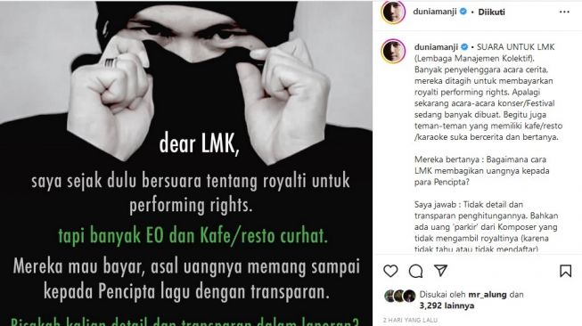 Anji memberikan kritik terhadap Lembaga Manajemen Kolektif Nasional atau LMKN di mana Marcell Siahaan sebagai komisarsnya. [Instagram]