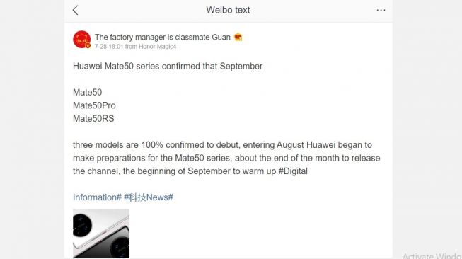 Bocoran Huawei Mate 50. [Weibo] 