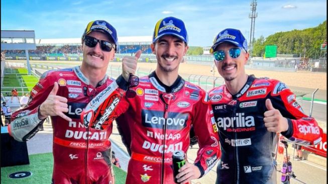 Para podium MotoGP Inggris 2022: Jack Miller, Francesco Bagnaia, dan Maverick Vinales (Twitter/MotoGP)