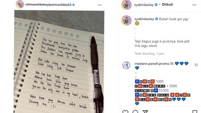 Syakir Daulay mengunggah postingan Rahmawati Kekeyi yang menulis puisi untuk "S". [Instagram]