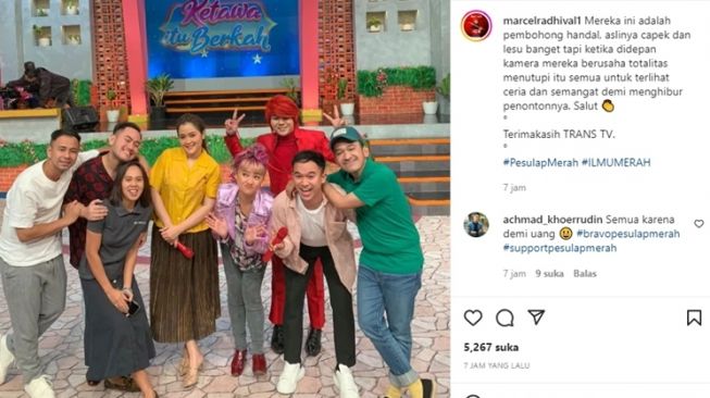 Unggahan Marcel Radhival alias Pesulap Merah tentang Ruben Onsu, Raffi Ahmad, Vega Darwantidan dan lainnya, setelah mengisi acara Ketawa Itu Berkah Trans TV. [Instagram]