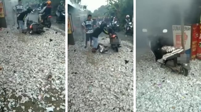 Video Insiden Barang Bawaan Pengendara Motor Meledak di Citayam, Jalanan Dipenuhi Asap Tebal