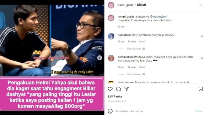 Unggahan soal Rizky Billar dan Helmy Yahya [Instagram/@rumpi_gosip]