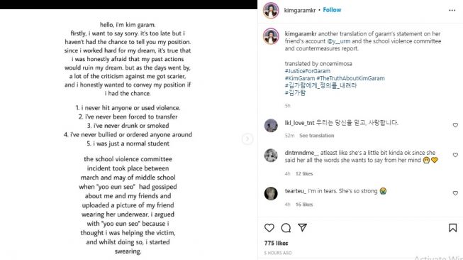 Postingan pernyataan Kim Garam. [Instagram]