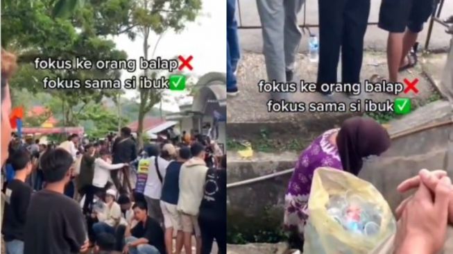 Kontras, Potret Ibu-ibu Mengais Sampah Selokan di Antara Anak Muda Nonton Balap, Publik: Salut Banget