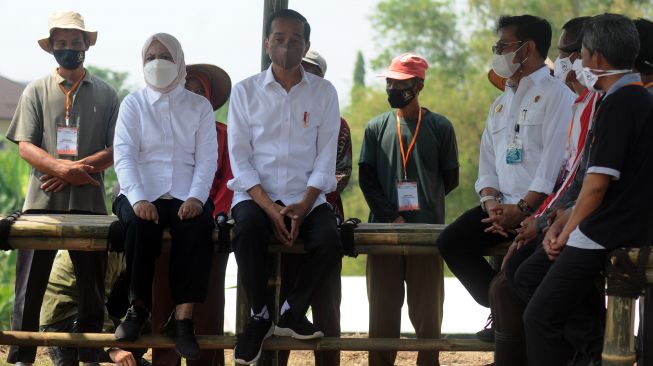 Presiden Joko Widodo (tengah) bersama Ibu Iriana Joko Widodo (kiri) didampingi Menteri Pertanian Syahrul Yasin Limpo (kanan) berbincang dengan petani di lahan pertanian Giriroto, Ngemplak, Boyolali, Jawa Tengah, Kamis (11/8/2022). ANTARA FOTO/Aloysius Jarot Nugroho