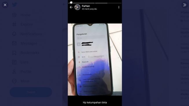 Akibat cerobor, layar ponsel ini mengalami gradasi warna. [Twitter]
