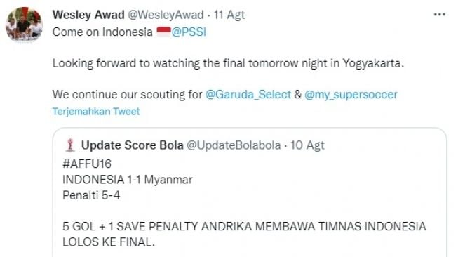 Pemandu bakat Crystal Palace sekaligus Garuda Select akan pantau timnas Indonesia U-16 di final. (Twitter/@WesleyAwad)