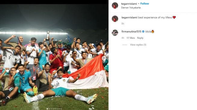 Postingan Narendra Tegar Islami setelah bantu timnas Indonesia U-16 juara Piala AFF U-16 2022. (Instagram/tegarrrislami)