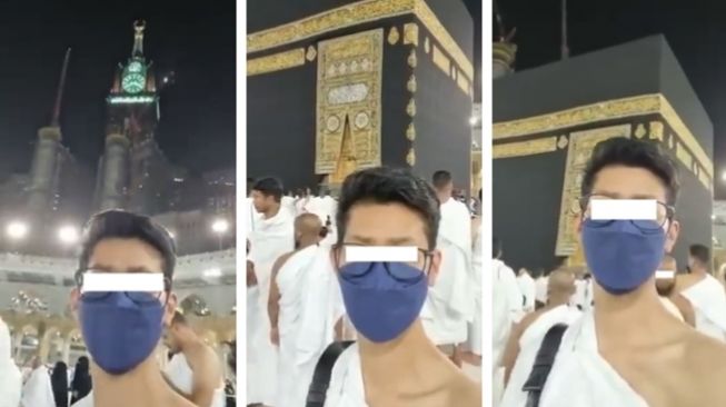 Jemaah umrah wanita diduga berpura-pura jadi pria, memakai ihram dan membuat konten video di depan Ka'bah. (Twitter/@Askrlfess)