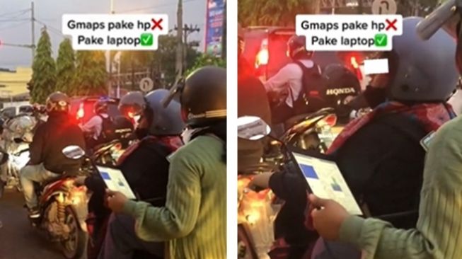 Cewek tak sungkan membuka Google Maps dengan laptop saat motor berhenti akibat lampu merah. (Twitter/@ndagels)