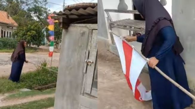 Video Viral Bikin Ngakak, Emak-emak Salah Pasang Bendera Merah Putih