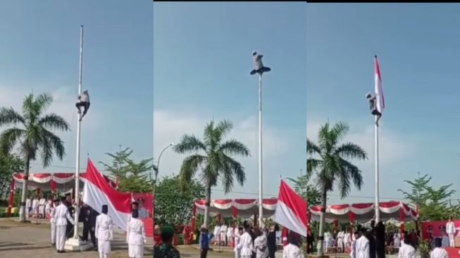 Viral Aksi Heroik Pak Saepudin, Petani Karawang yang Sigap Panjat Tiang Demi Bendera Bisa Berkibar