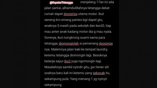 Curhat sender melihat kelakuan warga sekampung yang nyinyirin tetangganya viral di media sosial (Twitter)