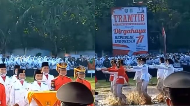 Meski Baju Kotor Penuh Lumpur, Paskibraka Ini Tetap Semangat Jalankan Upacara Bendera di Lapangan Becek