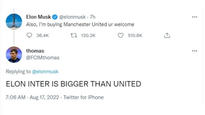 Cuitan Elon Musk, berencana beli Manchester United. [Twitter]