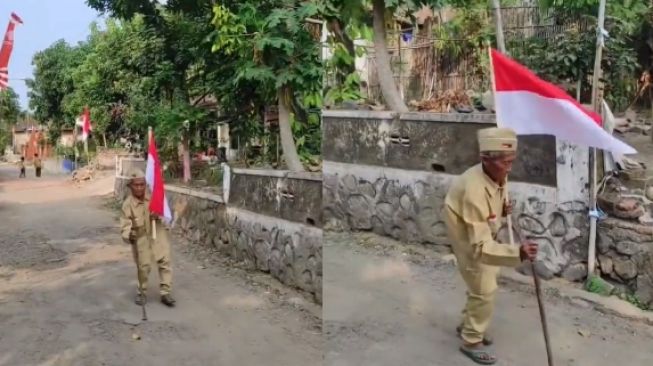 Jalan Terbungkuk-bungkuk, Seorang Kakek Bawa Bendera Merah Putih ke Lapangan Upacara, Publik: The Real Veteran!