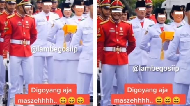 Viral anggota Paskibraka Nasional diduga susah payah menahan diri agar tidak ikut berjoget saat Farel Prayoga tampil membawakan Ojo Dibandingke. (Instagram/@lambegosiip)