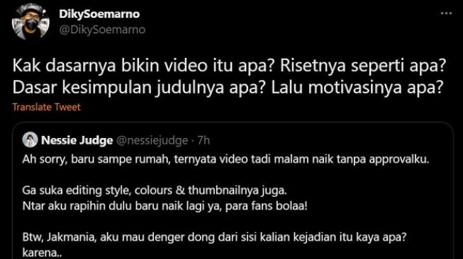 Ketua The Jakmania, Diky Soemarno mempertanyakan konten video Nessie Judge yang menyebut fans Persija Jakarta sebagai salah satu penggemar sepak bola paling brutal di dunia. [Twitter/@DikySoemarno]