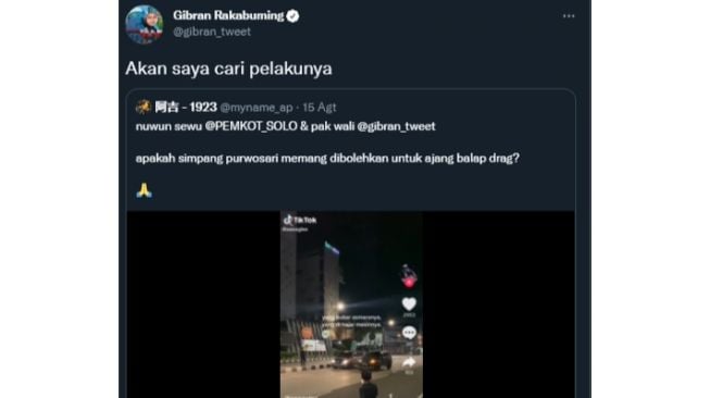 Tangkapan layar unggahan video balap liar yang diretweet oleh Wali Kota Solo, Gibran Rakabuming. (Twitter)