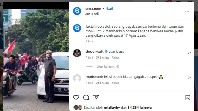 Salut, Bapak Ini Turun dari Mobil untuk Beri Hormat ke Bendera Merah Putih Saat Pawai, Warganet: Gagah