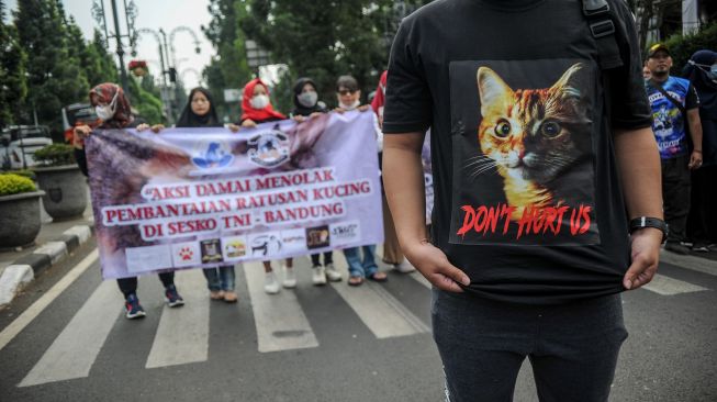 Anggota komunitas Animals Hope Shelter dan Cat Lovers In The World melakukan aksi damai di Cikapayang, Bandung, Jawa Barat, Minggu (21/8/2022).  ANTARA FOTO/Raisan Al Farisi
