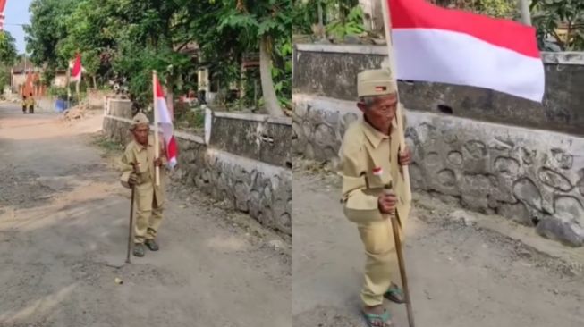 Masih Semangat Ikut Upacara, Video Kakek Berjalan Tertatih Pegangi Tongkat Sambil Bawa Bendera Viral