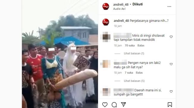 Viral arak-arakan pengantin terlihat membawa properti seperti alat kelamin pria sambil diiringi sholawat nabi. (Instagram/@andreli_48)