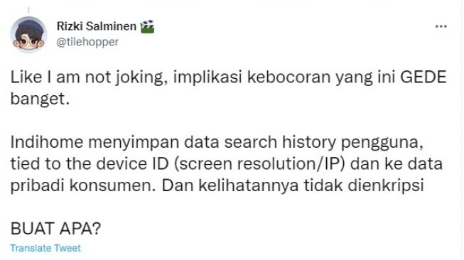 Cuitan warganet soal kebocoran data Indihome. [Twitter]