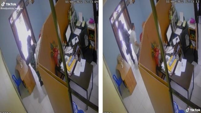 Rekaman CCTV menunjukkan seorang anggota TNI AL diduga menganiaya wanita yang bekerja sebagai asisten advokat. (TikTok/@redjusticia_lawfirm)