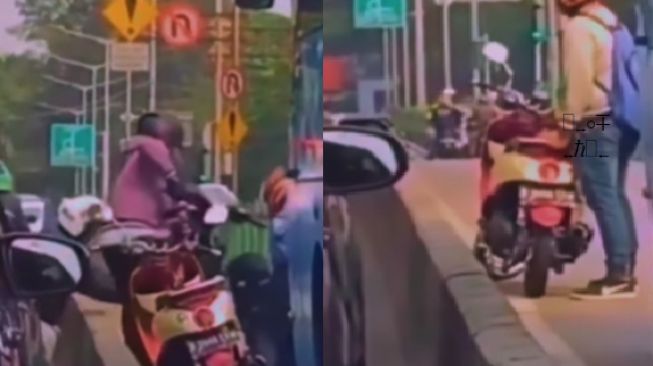 Kacang Lupa Kulit, Pria ini Ditinggal Pengendara Lain Usai Bantu Bopong Motor Lewat Pembatas Jalan Hindari Polisi