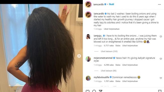 cardi B menggunakan air rebusan bawang merah untuk mencuci rambut (Instagram)