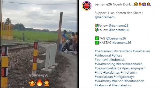 Nyawa pemotor tertolong berkat dihentikan pria yang berdiri di dekat perlintasan kereta api (Instagram)