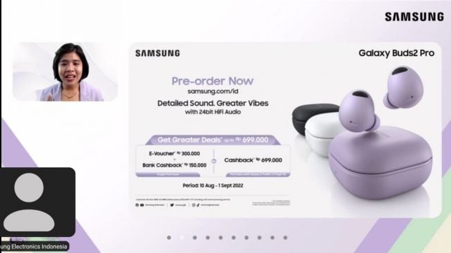 Product Marketing Manager Samsung Mobile, Samsung Electronics Indonesia Annisa Nurul Maulina memberikan penjelasan tentang berbagai fitur Galaxy Buds2 Pro - (tangkapan layar)