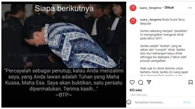 Publik mengaitkan kasus hukum Ferdy Sambo dengan 'sumpah' Ahok di persidangan penistaan agama dan karma kasys KM 50. (Instagram/@suara_bergema)