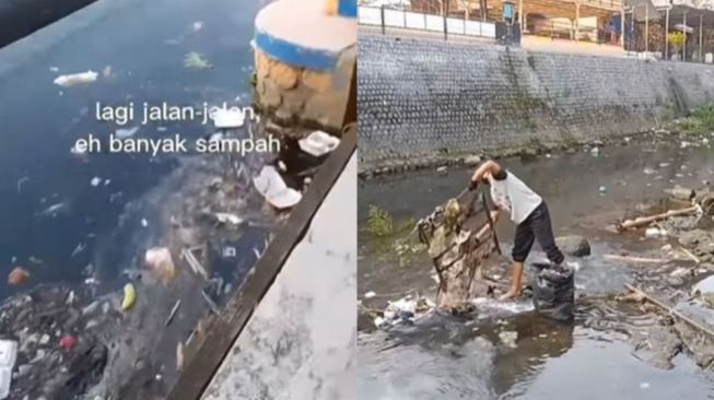 Viral Aksi Seorang Pemuda Lihat Sampah Numpuk Langsung Terjun ke Sungai Tanpa Merasa Jijik: 'Keren!'