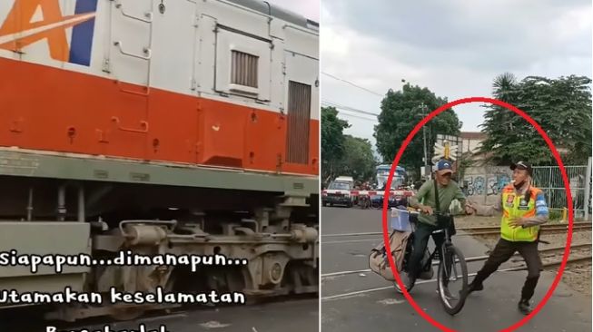 Nekat Menyeberang, Kakek Pengayuh Sepeda Hampir Tertabrak Kereta, Petugas Palang Pintu sampai Kocar-kacir