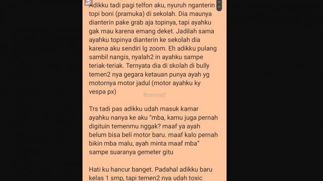 Curhat sender tentang adiknya yang jadi korban bully gegara ayah pakai motor jadul (Twitter)