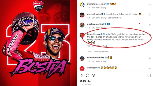 jack Miller berikan ucapan selamat kepada Enea Bastianini yang menjadi pembalap Ducati musim depan (Instagram)