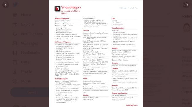 Bocoran Snapdragon 6 Gen 1. [Twitter/@evleaks]