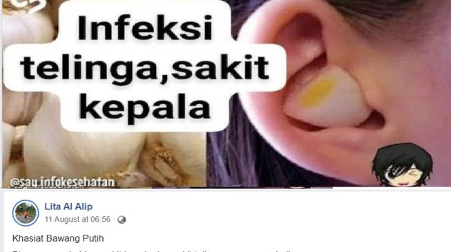 Postingan Facebook yang klaim bawang putih bisa obati sakit kepala dan sakit telinga (Facebook/ Lita Al Alip).