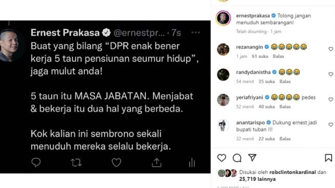 Ernest Prakasa sindir anggota DPR terkait pensiunan PNS. [Instagram]