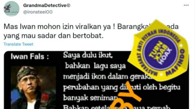 Kutipan Iwan Fals yang beredar di Twitter. [Dok.turnbackhoax.id]