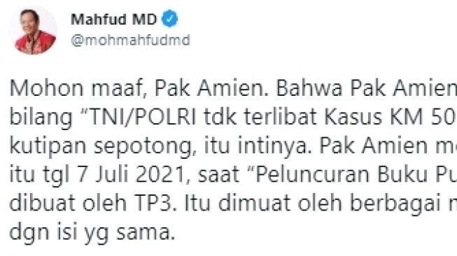 Disentil Amien Rais Soal Kasus KM 50, Mahfud MD: Mohon Maaf Pak Amien