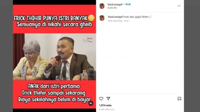 Unggahan Instagram Faizal Assegaf soal pernyataan Kamaruddin Simanjuntak mengenai dugaan aliran dana Capres 2024 sebesar Rp300 triliun yang membuatnya dituding telah memfitnah Erick Thohir. (Instagram/@faizal.assegaf)