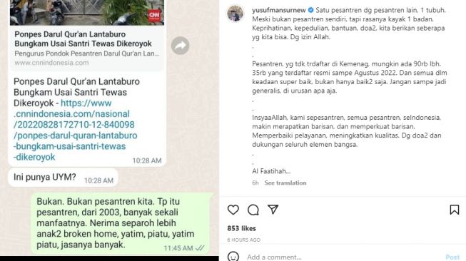 Klarifikasi Ustaz Yusuf Mansur soal santri yang meninggal di Pondok Pesantren Darul Quran [Instagram/@yusufmansurnew]