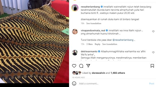 ibu Ressa Herlambang meninggal dunia [Instagram/@ressaherlambang]