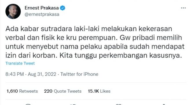 Unggahan Ernest Prakasa [Twitter/@ernestprakasa]