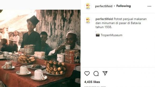 Beredar Foto Jadul Penjual Makanan di Jakarta Tahun 1938, Publik Soroti Gelas Legendaris Ini. (Instagram/@perfeclifeid)