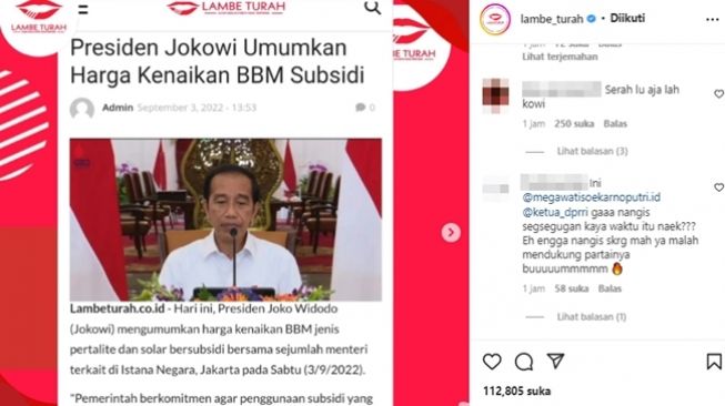 Warganet mendesak Megawati Soekarnoputri dan Puan Maharani untuk menangisi kenaikan harga BBM. (Instagram/@lambe_turah)